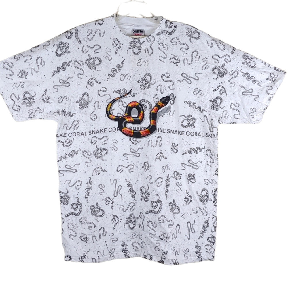 Vintage 90s Oneita Coral Snake White graphic tee shirt all over print size XL